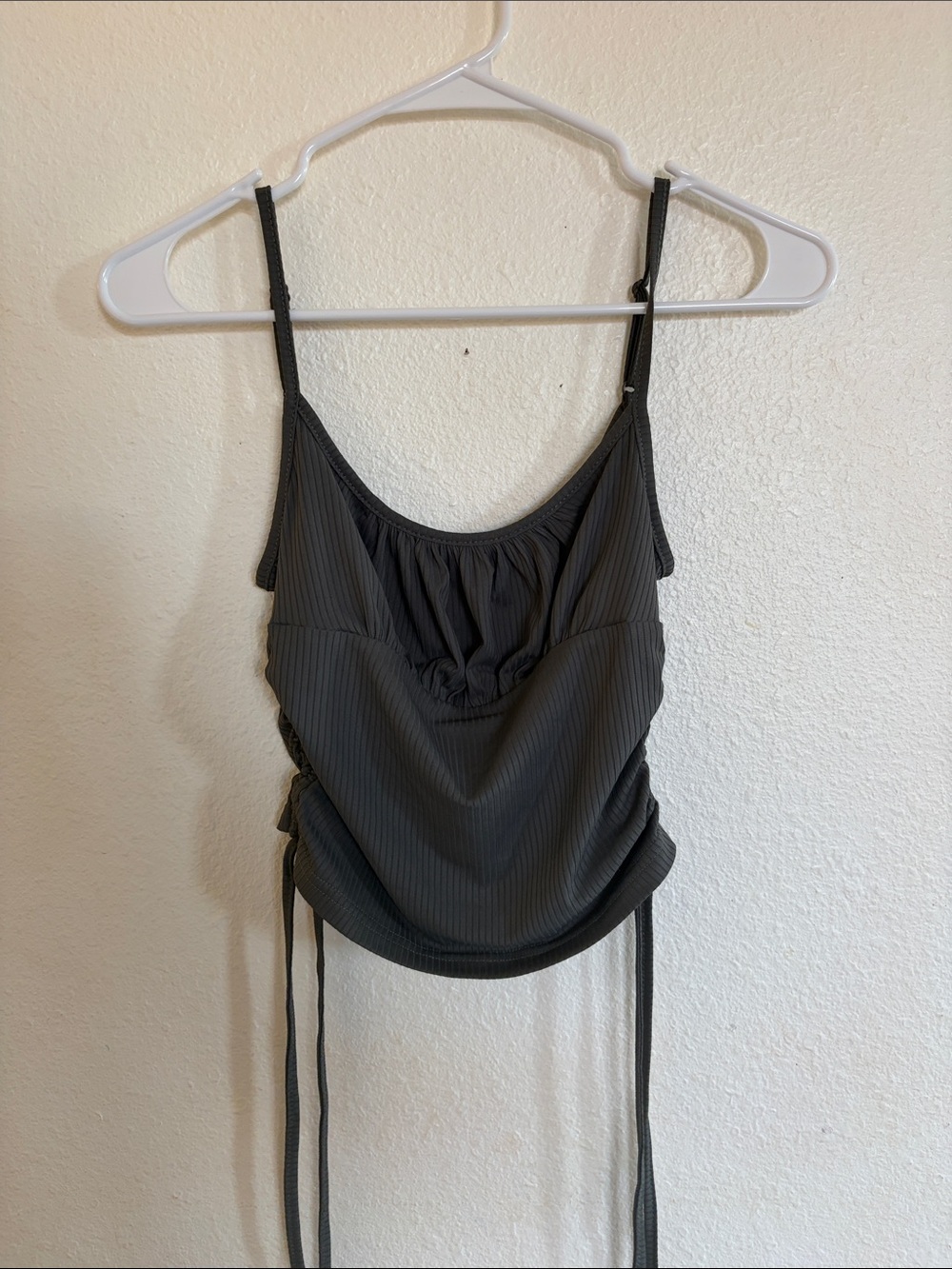 Ruched Ribbed Spaghetti-Strap Tank Top - Black